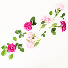 Floral composition made of pink roses and peonies on white background. Flat lay, Top view.