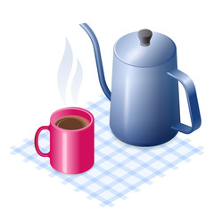Flat isometric illustration of ceramic mug of coffee and metal coffeepot. The hot beverage in the coffee cup and coffee pot. A food, breakfast, drink vector elements isolated on white background.