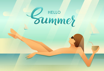Woman enjoying sunbathing having good time in swimming pool and holding coconut in hand. Hello Summer handmade lettering Vector illustration