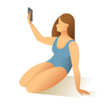 Body positive female young woman in bathing suit taking a self picture with smartphone. Vector illustration