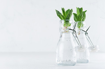 Elegant soft white summer background - young mint leaves in transparent bottles with sparkling bubbles on light wood table, copy space.