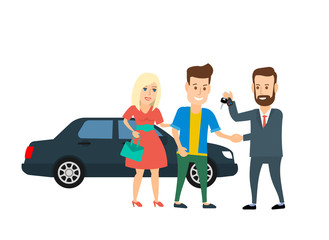 Obraz premium couple shaking hands with dealer. car sale or rent concept