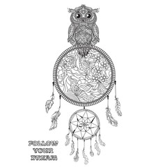 Dreamcatcher. Tattoo art, mystic symbol. Print for polygraphy, posters and textiles. American Indians symbol. Design for spiritual relaxation for adults. Black and white illustration for coloring.