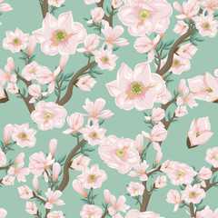 Seamless pattern with pink flowering branches