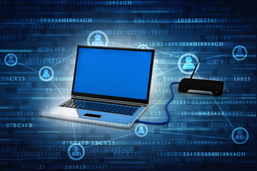 3d rendering Transmitter Wi-Fi modem with laptop
