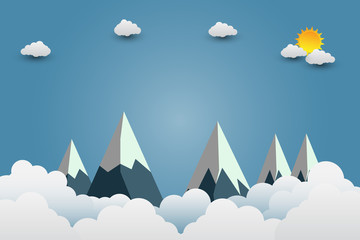 mountains with beautiful sunsets over the clouds.paper art.vector illustration