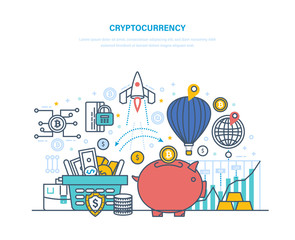 Cryptocurrency and cryptography. Financial operations with electronic money, turnover bitcoin.