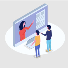 Online education isometric concept,  training courses. 3d isometric people. Vector illustration.