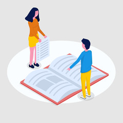 Online education isometric concept,  training courses. 3d isometric people. Vector illustration.