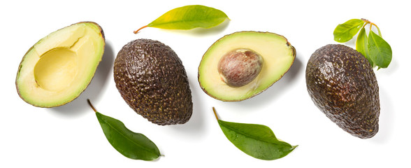 Slices of avocado on white background. Whole and half with leaves. Design element for product label