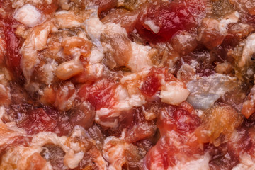 Fresh homemade raw chopped beef and pork  meat.  Minced meat texture, close up background - top view.
