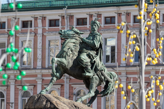 KYIV, UKRAINE - APRIL  7, 2018, Close-up side view of the Bohdan Khmelnytsky Monument in Kyiv.