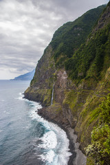 Bridal Veil Falls (Veu da noiva) and the old cliff road North Coast of Madeira island, Portugal