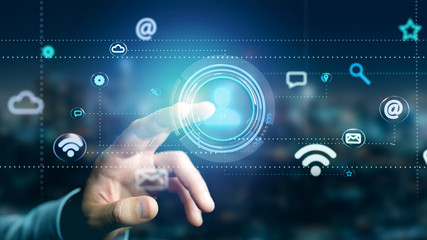 Businessman holding a Contact icon surrounding by app and social icon - 3d render
