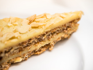 Slice of cheese cake with vanilla topping and almond flakes on a white plate. Close-up. Shallow depth of field.