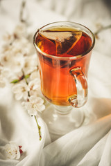 tea brew in a cup (tea bag) on ​​the table and flowering spring twigs. Food background - drink background