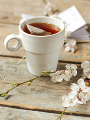 tea brew in a cup (tea bag) on ​​the table and flowering spring twigs. Food background - drink background