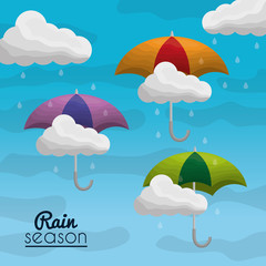 rainy season background with clouds raindrops and umbrellas