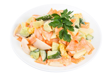 Tasty salad with squid, vegetables and orange, dressed with sauce on a white plate. Salad in a plate isolated on white background. Seafood salad.