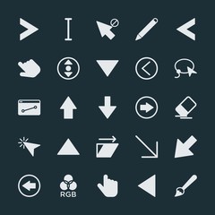 Modern Simple Set of arrows, cursors, design Vector fill Icons. ..Contains such Icons as  color,  previous, arrow, pencil,  mouse,  white and more on dark background. Fully Editable. Pixel Perfect.