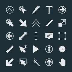 Modern Simple Set of arrows, cursors, design Vector fill Icons. ..Contains such Icons as  right,  white,  design,  tool, click,  write, text and more on dark background. Fully Editable. Pixel Perfect.