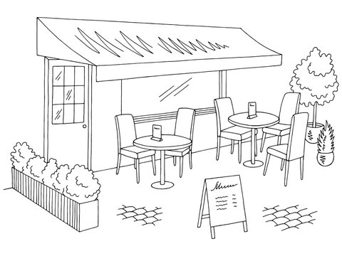 Street cafe graphic black white sketch exterior illustration vector