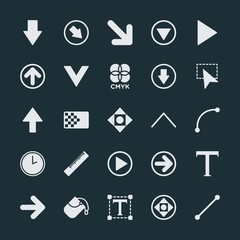 Modern Simple Set of arrows, cursors, design Vector fill Icons. ..Contains such Icons as  arrow, gradient,  straight, paint, up, background and more on dark background. Fully Editable. Pixel Perfect.