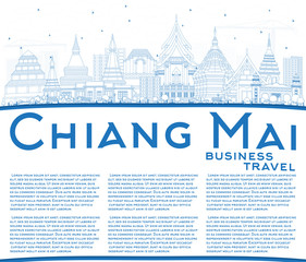 Naklejka premium Outline Chiang Mai Thailand City Skyline with Blue Buildings and Copy Space.
