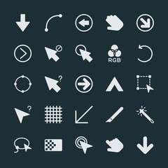 Modern Simple Set of arrows, cursors, design Vector fill Icons. ..Contains such Icons as  up,  stick,  right, ink,  hand,  technology,  next and more on dark background. Fully Editable. Pixel Perfect.