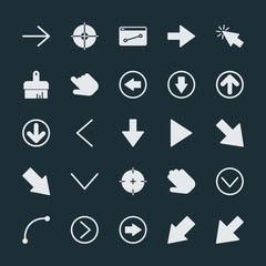 Modern Simple Set of arrows, cursors, design Vector fill Icons. ..Contains such Icons as  goal,  internet,  vector, right, left,  symbol, up and more on dark background. Fully Editable. Pixel Perfect.