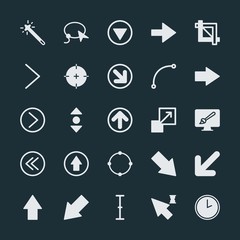 Modern Simple Set of arrows, cursors, design Vector fill Icons. ..Contains such Icons as  screen,  right, crop, line, target,  illustration and more on dark background. Fully Editable. Pixel Perfect.