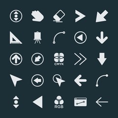 Modern Simple Set of arrows, cursors, design Vector fill Icons. ..Contains such Icons as  cursor,  rubber,  button, board, website,  flip and more on dark background. Fully Editable. Pixel Perfect.