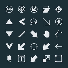 Modern Simple Set of arrows, cursors, design Vector fill Icons. ..Contains such Icons as  equipment, paragraph,  direction, enlarge,  up and more on dark background. Fully Editable. Pixel Perfect.