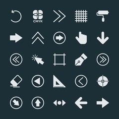 Modern Simple Set of arrows, cursors, design Vector fill Icons. ..Contains such Icons as  cursor,  background,  click,  icon,  mouse, target and more on dark background. Fully Editable. Pixel Perfect.
