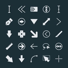 Modern Simple Set of arrows, cursors, design Vector fill Icons. ..Contains such Icons as arrow,  design,  previous,  symbol,  double,  mouse and more on dark background. Fully Editable. Pixel Perfect.