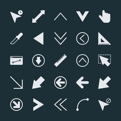 Modern Simple Set of arrows, cursors, design Vector fill Icons. ..Contains such Icons as  measurement,  tool,  diagonal,  down,  smooth,  up and more on dark background. Fully Editable. Pixel Perfect.