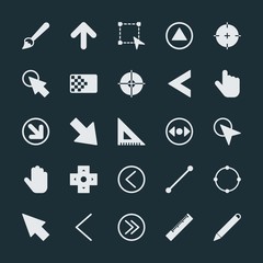 Modern Simple Set of arrows, cursors, design Vector fill Icons. ..Contains such Icons as  concept,  double, ruler, anchor,  art,  center, up and more on dark background. Fully Editable. Pixel Perfect.