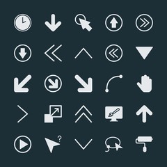 Modern Simple Set of arrows, cursors, design Vector fill Icons. ..Contains such Icons as paint,  roller,  graphic, up,  color,  concept,  up and more on dark background. Fully Editable. Pixel Perfect.