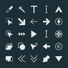Modern Simple Set of arrows, cursors, design Vector fill Icons. ..Contains such Icons as  pointer,  stick,  diagonal,  right,  laptop, left and more on dark background. Fully Editable. Pixel Perfect.