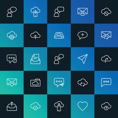 Modern Simple Set of cloud and networking, chat and messenger, email Vector outline Icons. ..Contains such Icons as  sync,  new and more on dark and gradient background. Fully Editable. Pixel Perfect.