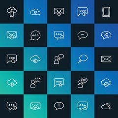 Modern Simple Set of cloud and networking, chat and messenger, email Vector outline Icons. ..Contains such Icons as  stamp and more on dark and gradient background. Fully Editable. Pixel Perfect.