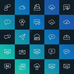 Modern Simple Set of cloud and networking, chat and messenger, email Vector outline Icons. ..Contains such Icons as  update and more on dark and gradient background. Fully Editable. Pixel Perfect.