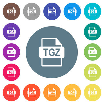 TGZ file format flat white icons on round color backgrounds