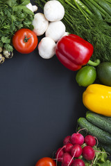 Composition with different fresh organic fruits and vegetables. Copy space. Top view. Flat lay.