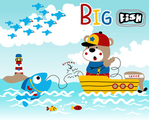 fisher on the boat get a big fish, vector cartoon illustration