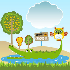 life in the swamp with crocodile and owl, vector cartoon illustration