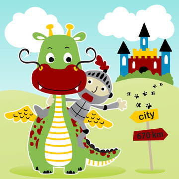 vector cartoon illustration of funny dragon and little knight