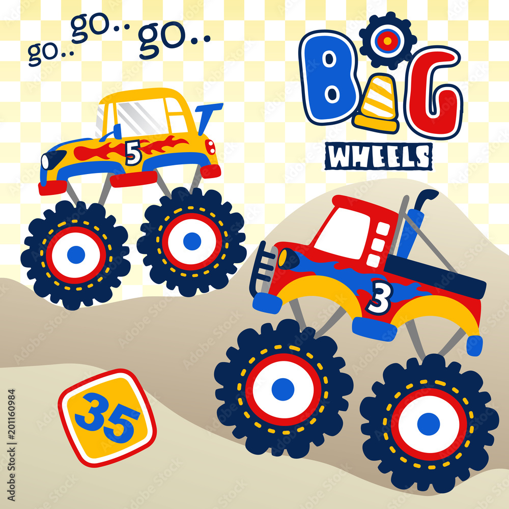 Wall mural big truck race, vector cartoon illustration