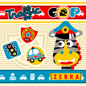 Zebra the animal cop with traffic equipments, vector cartoon illustration