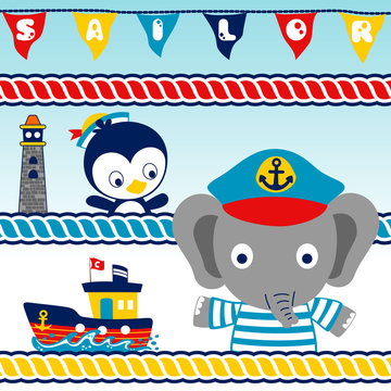 animals sailor team with a boat, lighthouse, colorful rope, flags, vector cartoon illustration